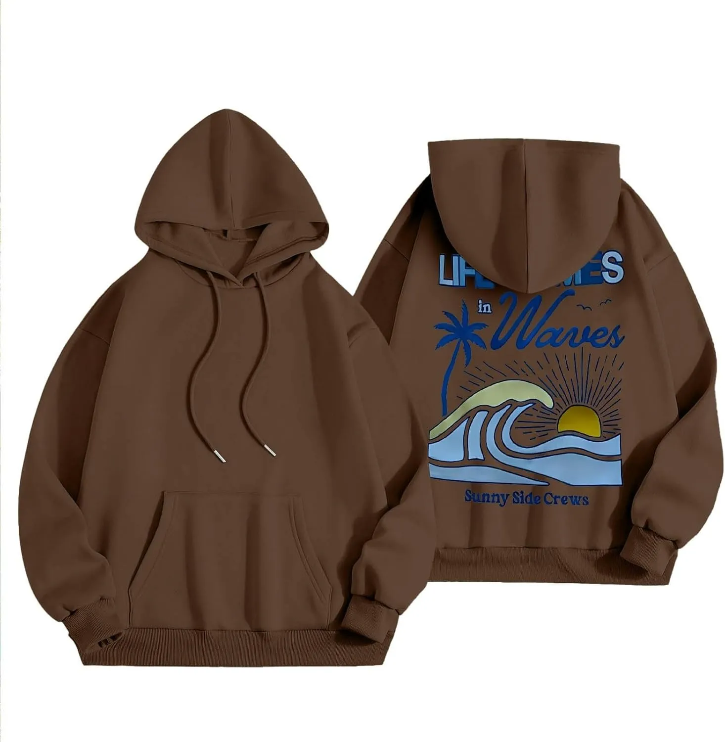 Life Comes in Waves Print Sweatshirts Womens Oversized Hoodies Casual Long Sleeve Blouse Tops Drawstring Pocket Outfits