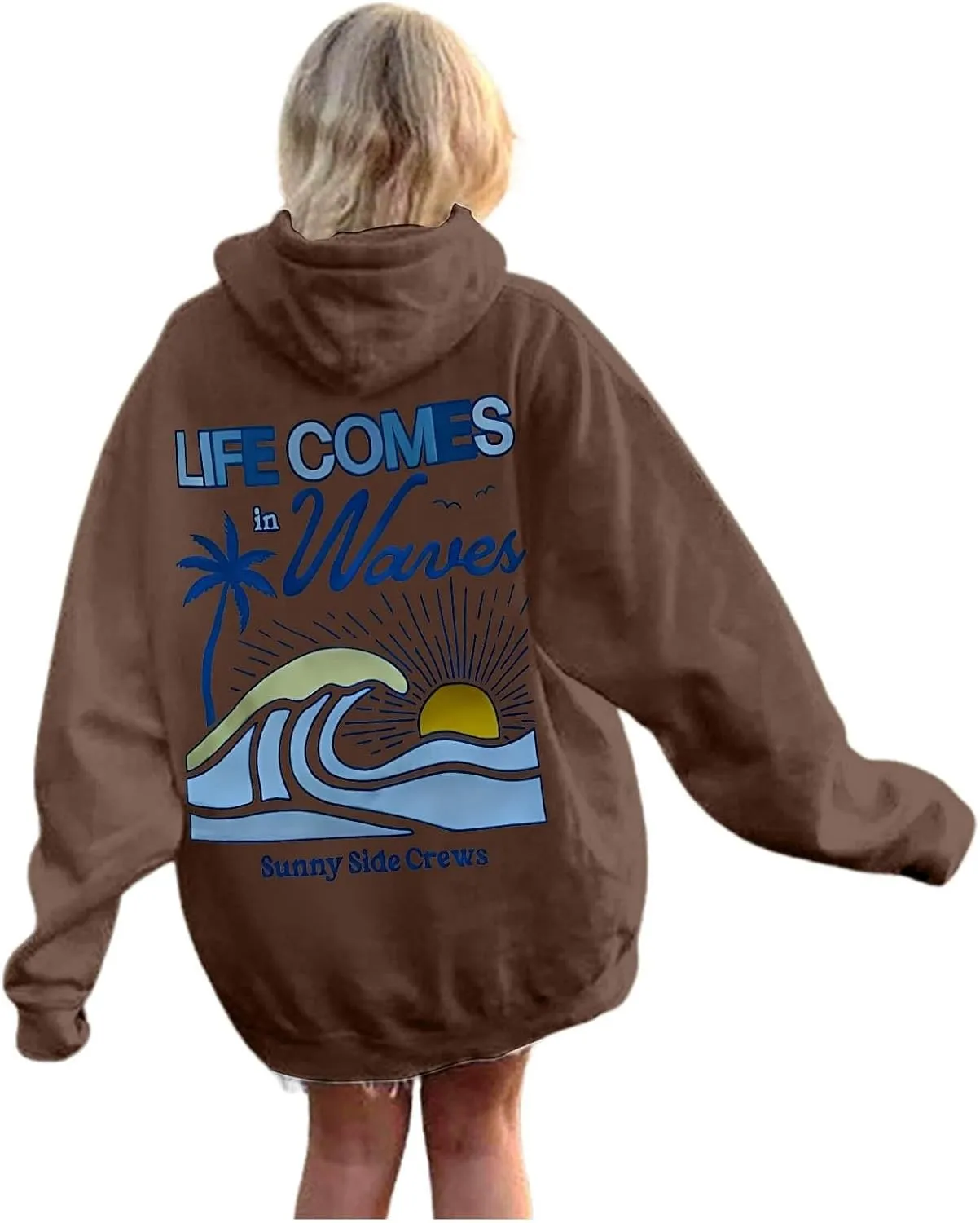 Life Comes in Waves Print Sweatshirts Womens Oversized Hoodies Casual Long Sleeve Blouse Tops Drawstring Pocket Outfits