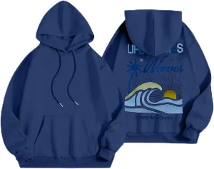 Life Comes in Waves Print Sweatshirts Womens Oversized Hoodies Casual Long Sleeve Blouse Tops Drawstring Pocket Outfits