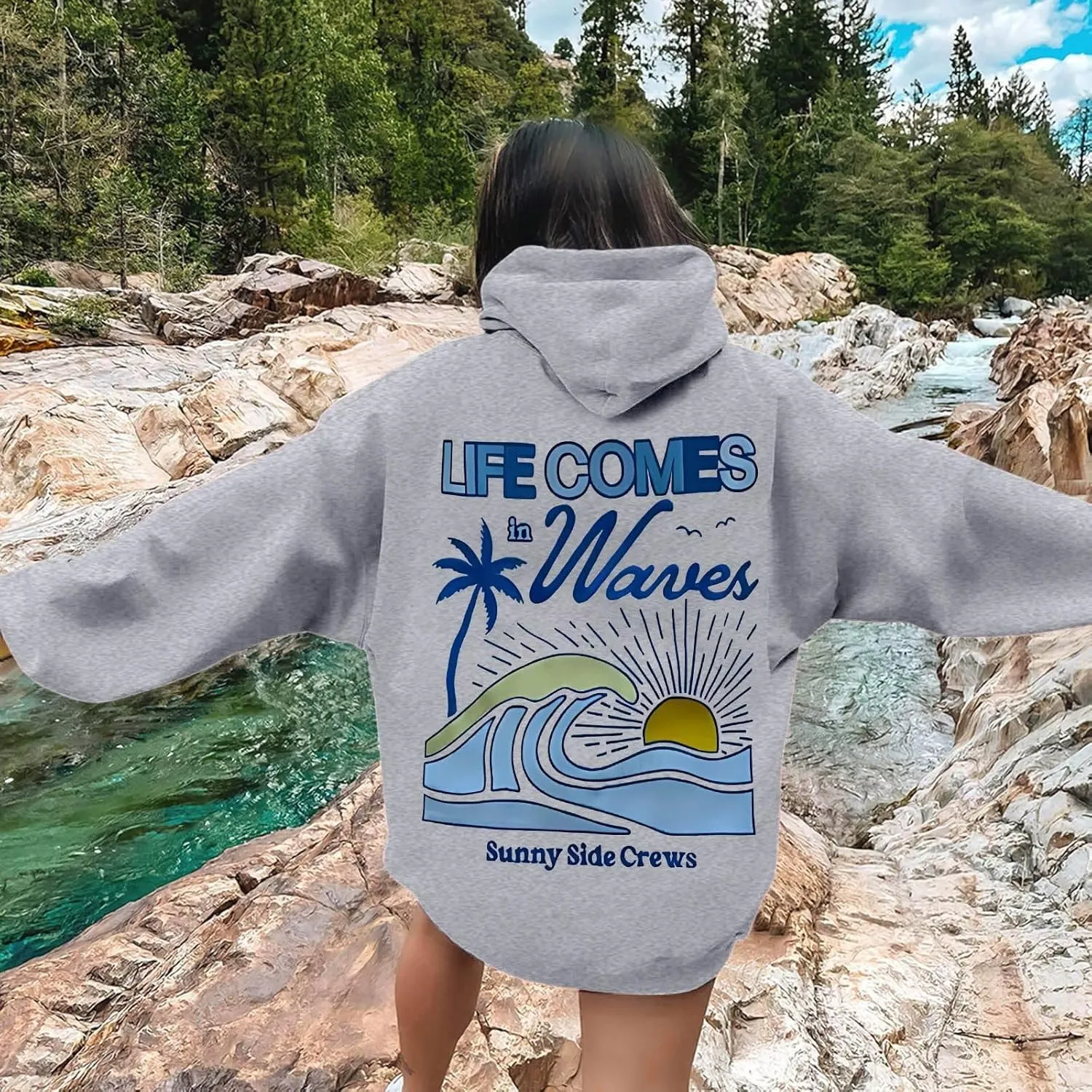 Life Comes in Waves Print Sweatshirts Womens Oversized Hoodies Casual Long Sleeve Blouse Tops Drawstring Pocket Outfits