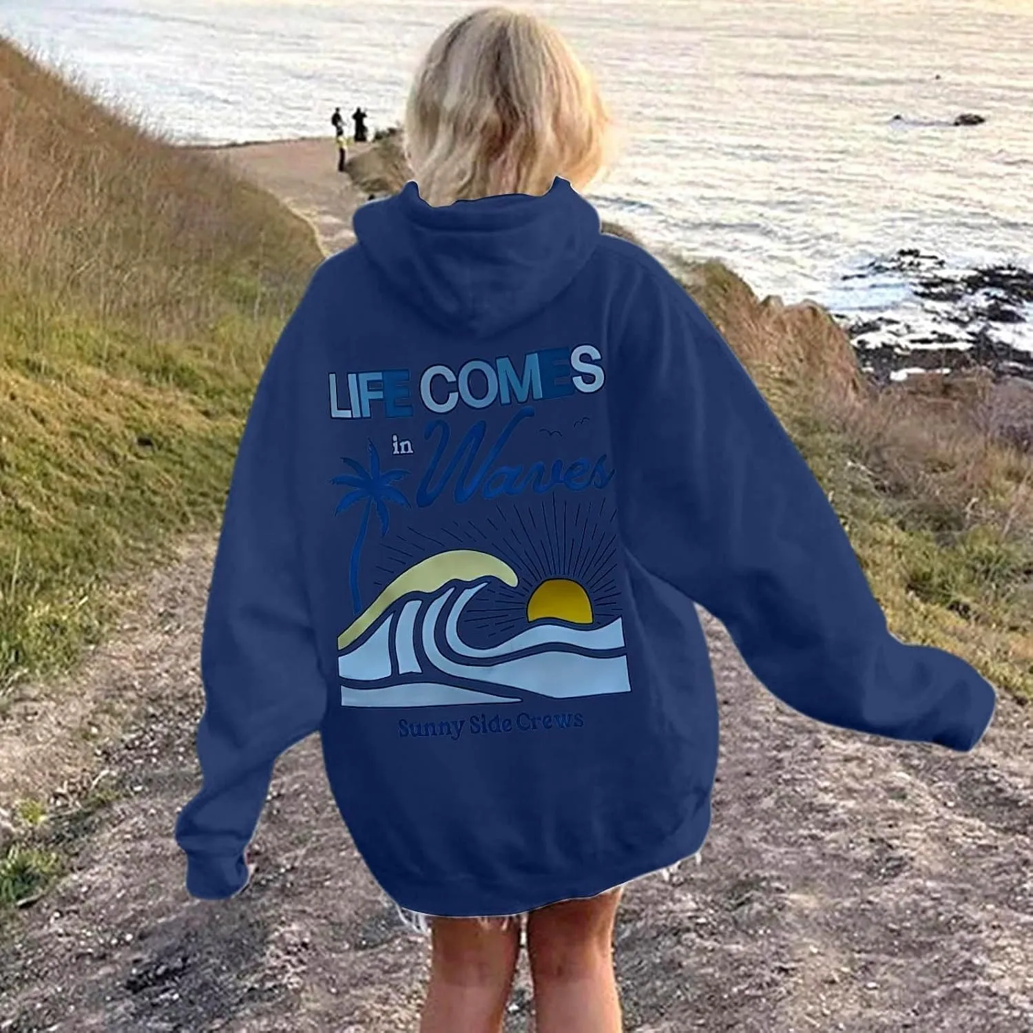 Life Comes in Waves Print Sweatshirts Womens Oversized Hoodies Casual Long Sleeve Blouse Tops Drawstring Pocket Outfits