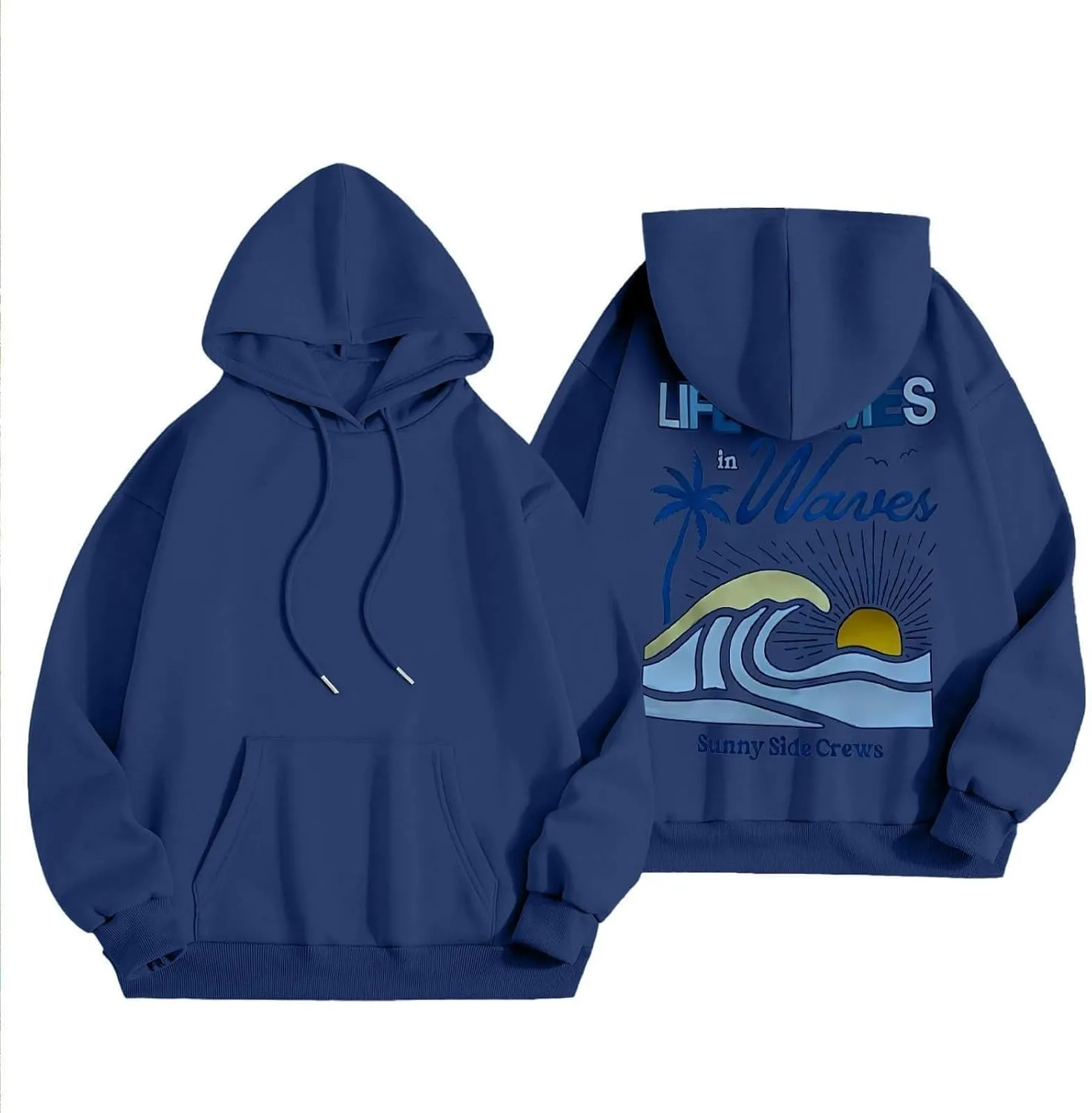 Life Comes in Waves Print Sweatshirts Womens Oversized Hoodies Casual Long Sleeve Blouse Tops Drawstring Pocket Outfits