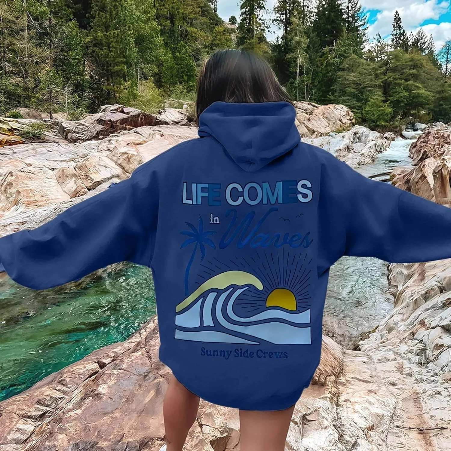 Life Comes in Waves Print Sweatshirts Womens Oversized Hoodies Casual Long Sleeve Blouse Tops Drawstring Pocket Outfits