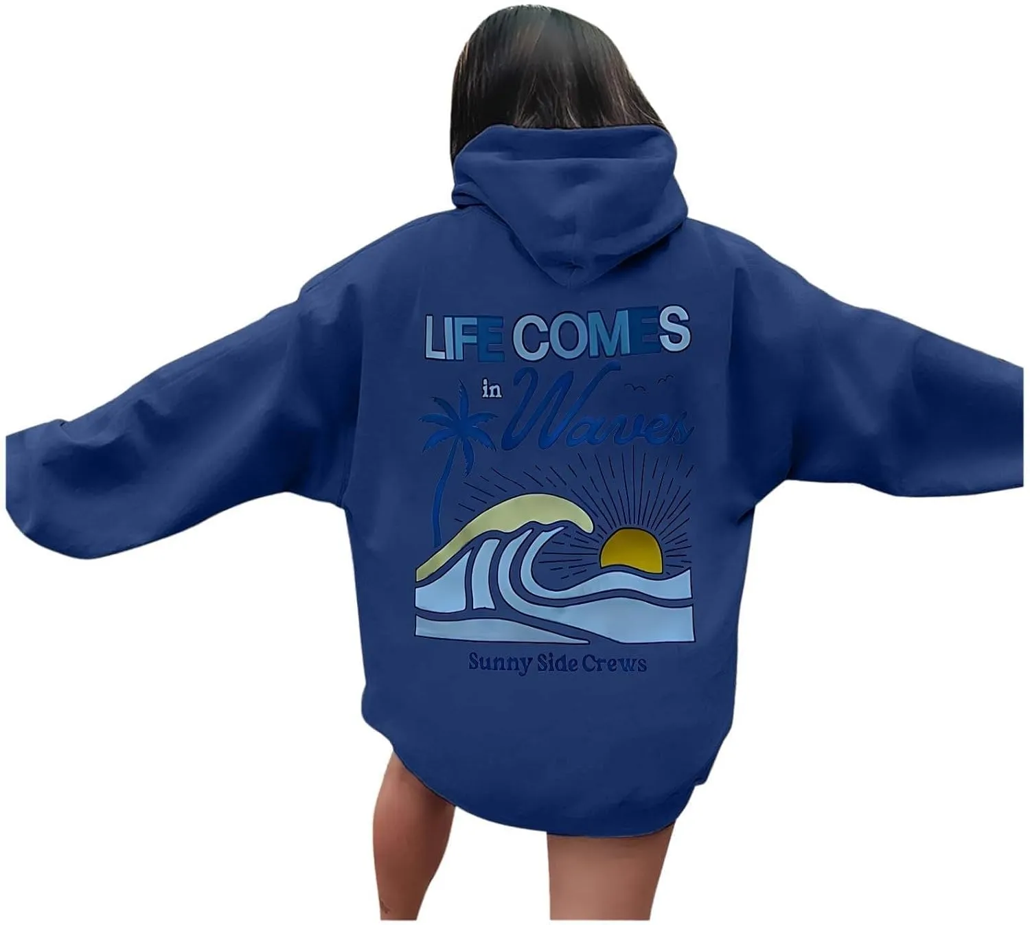 Life Comes in Waves Print Sweatshirts Womens Oversized Hoodies Casual Long Sleeve Blouse Tops Drawstring Pocket Outfits