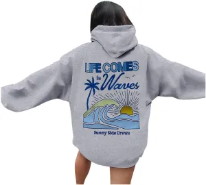 Life Comes in Waves Print Sweatshirts Womens Oversized Hoodies Casual Long Sleeve Blouse Tops Drawstring Pocket Outfits