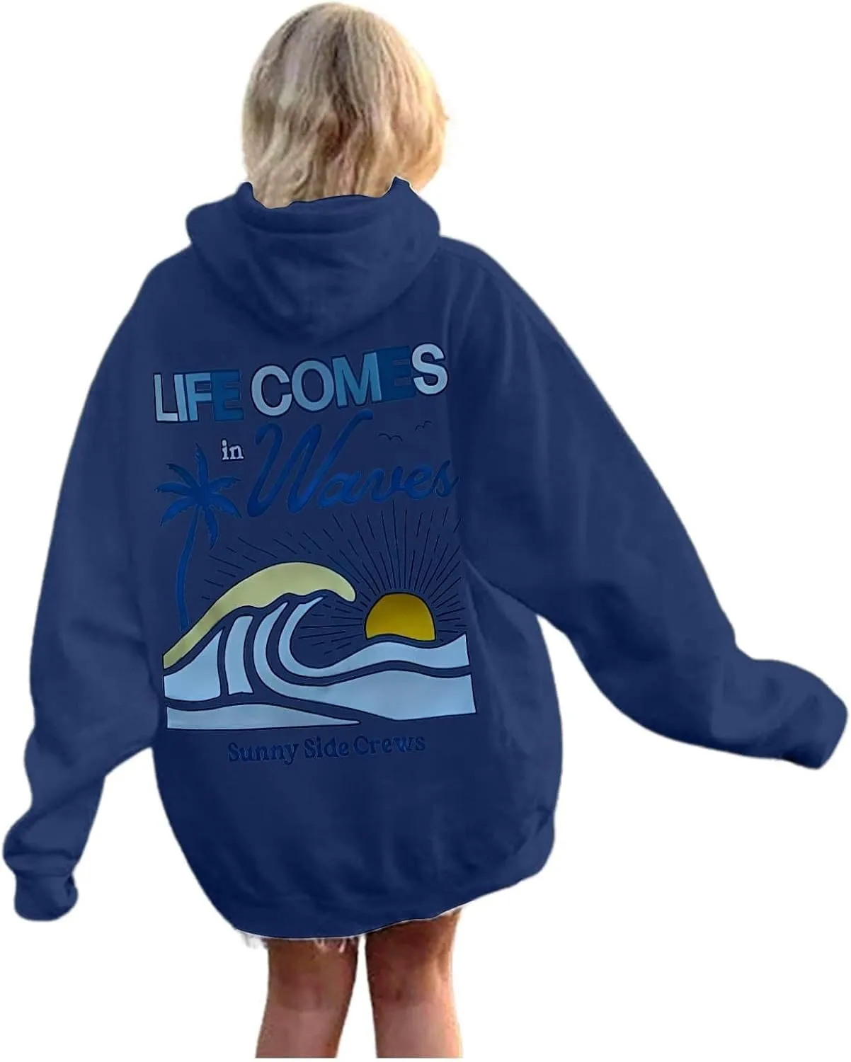Life Comes in Waves Print Sweatshirts Womens Oversized Hoodies Casual Long Sleeve Blouse Tops Drawstring Pocket Outfits