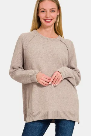 Light Mocha Side Slit Raglan Sleeve Sweater