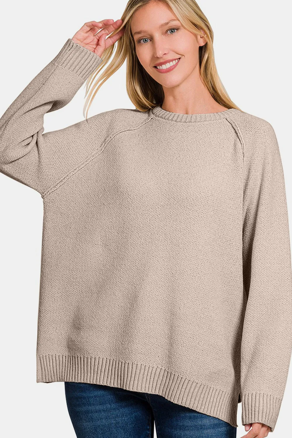 Light Mocha Side Slit Raglan Sleeve Sweater