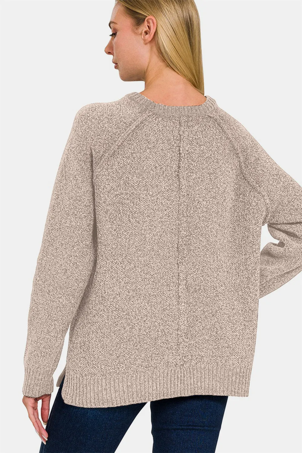 Light Mocha Side Slit Raglan Sleeve Sweater