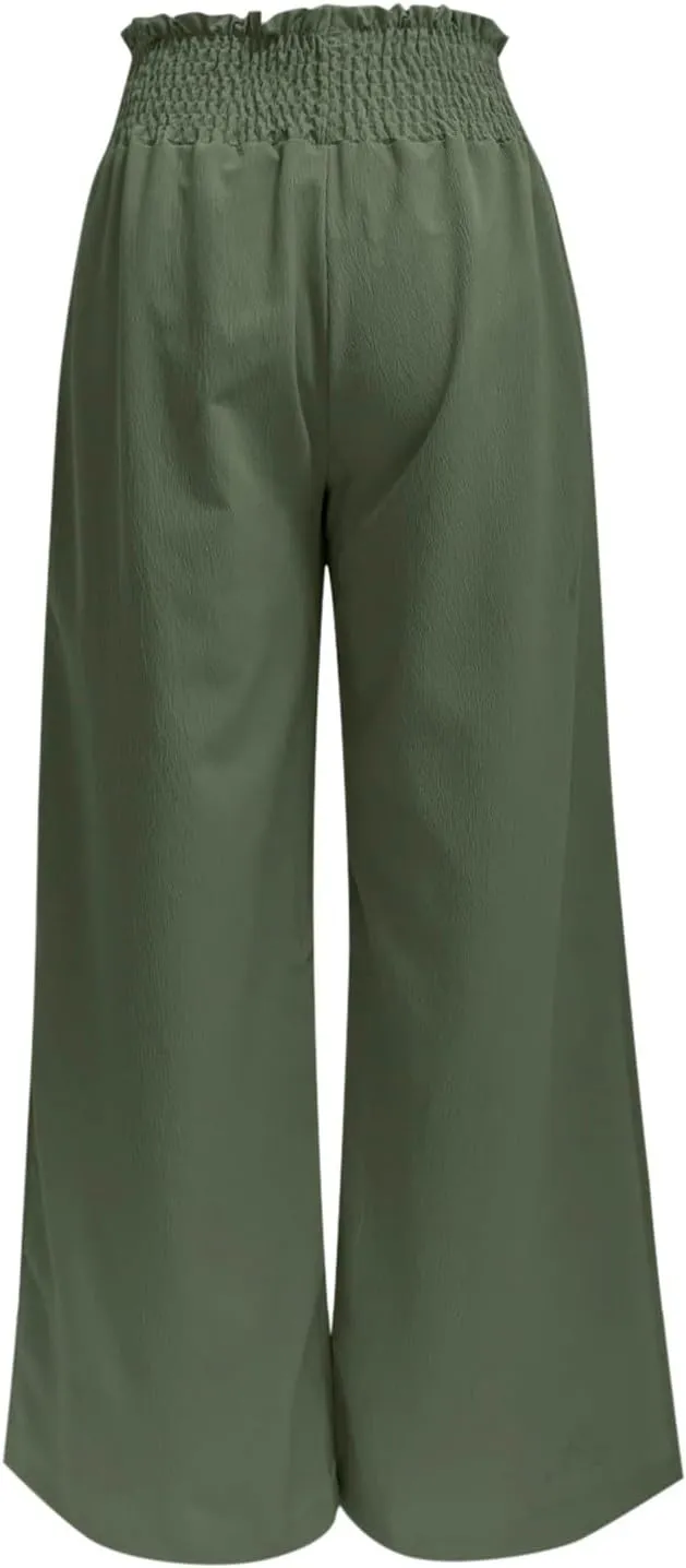 Linen Pants for Women Side Split Button Up Summer Vintage Wide Leg Trousers Loose Casual High Waisted Pants with Pockets
