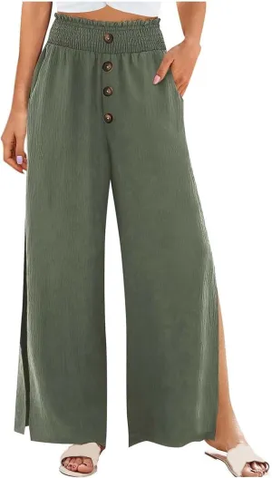 Linen Pants for Women Side Split Button Up Summer Vintage Wide Leg Trousers Loose Casual High Waisted Pants with Pockets