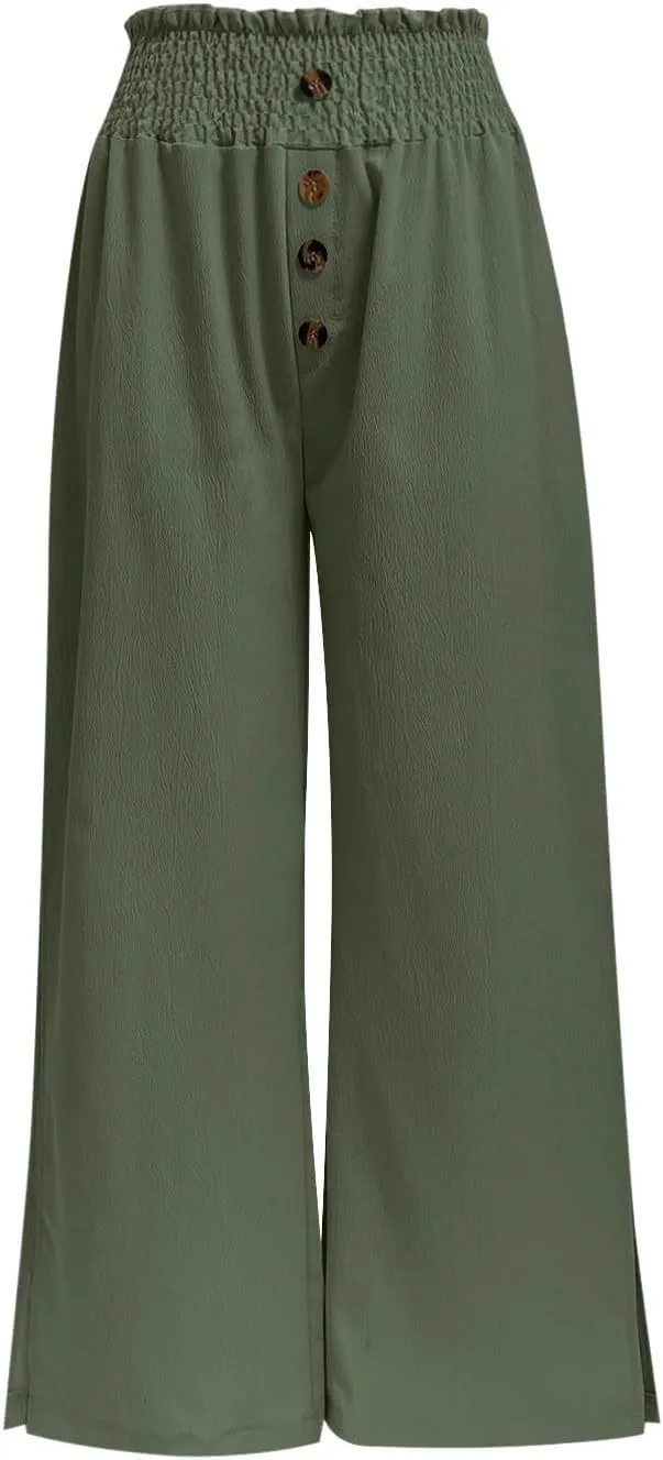 Linen Pants for Women Side Split Button Up Summer Vintage Wide Leg Trousers Loose Casual High Waisted Pants with Pockets