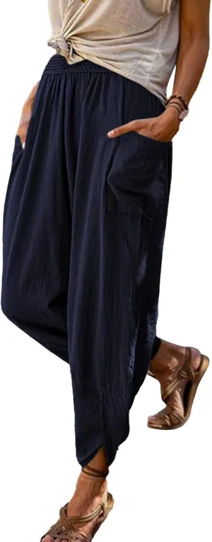 Linen Pants Womens Elastic Waist Harem Pants Casual Baggy Beach Pants with Pockets