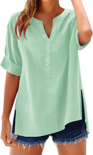 Linen Tops for Women 2025 Summer Button Down V Neck Shirts Casual Short Sleeve Loose Tshirt Cotton Linen Blouse Tees