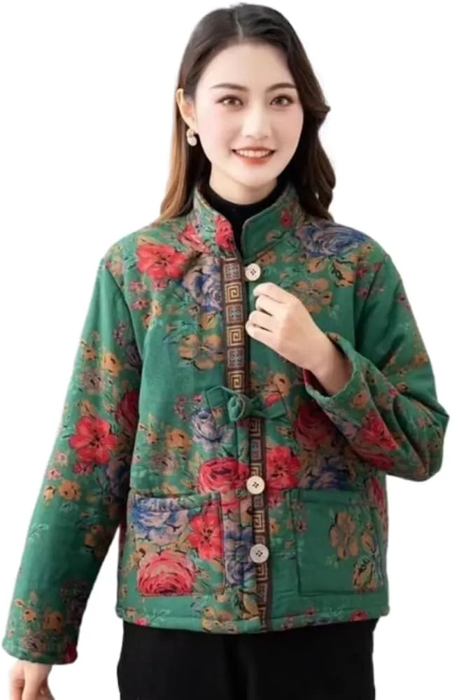LIXINGHEITANG Winter retro buckle cotton coat women's ethnic style short pattern and color warm small cotton-padded jacket