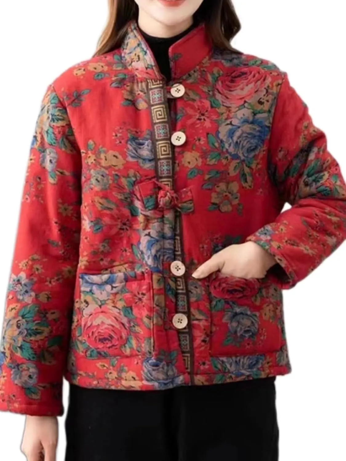 LIXINGHEITANG Winter retro buckle cotton coat women's ethnic style short pattern and color warm small cotton-padded jacket