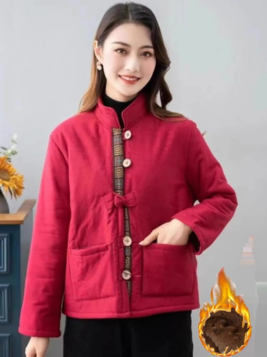 LIXINGHEITANG Winter retro buckle cotton coat women's ethnic style short pattern and color warm small cotton-padded jacket