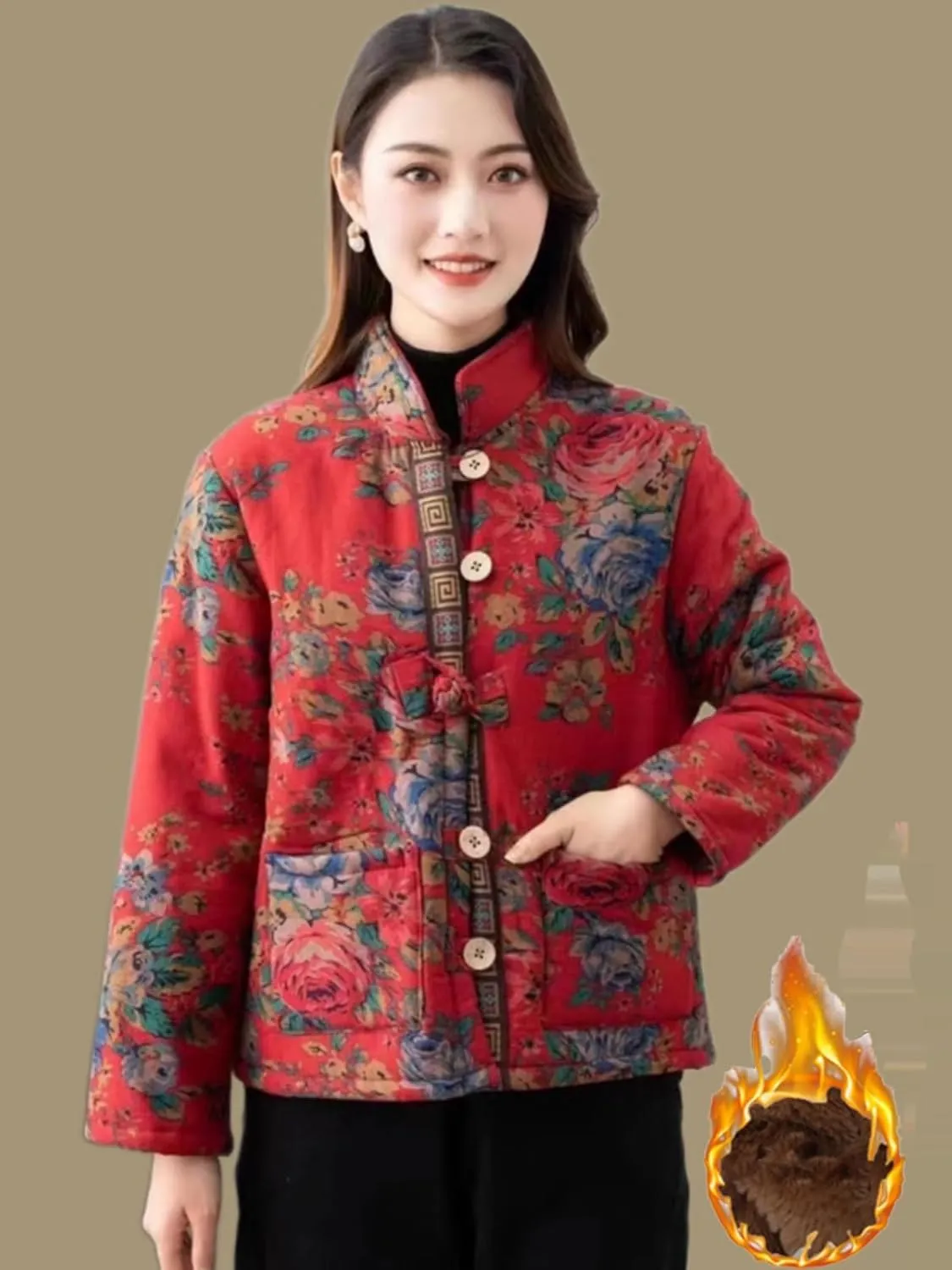 LIXINGHEITANG Winter retro buckle cotton coat women's ethnic style short pattern and color warm small cotton-padded jacket