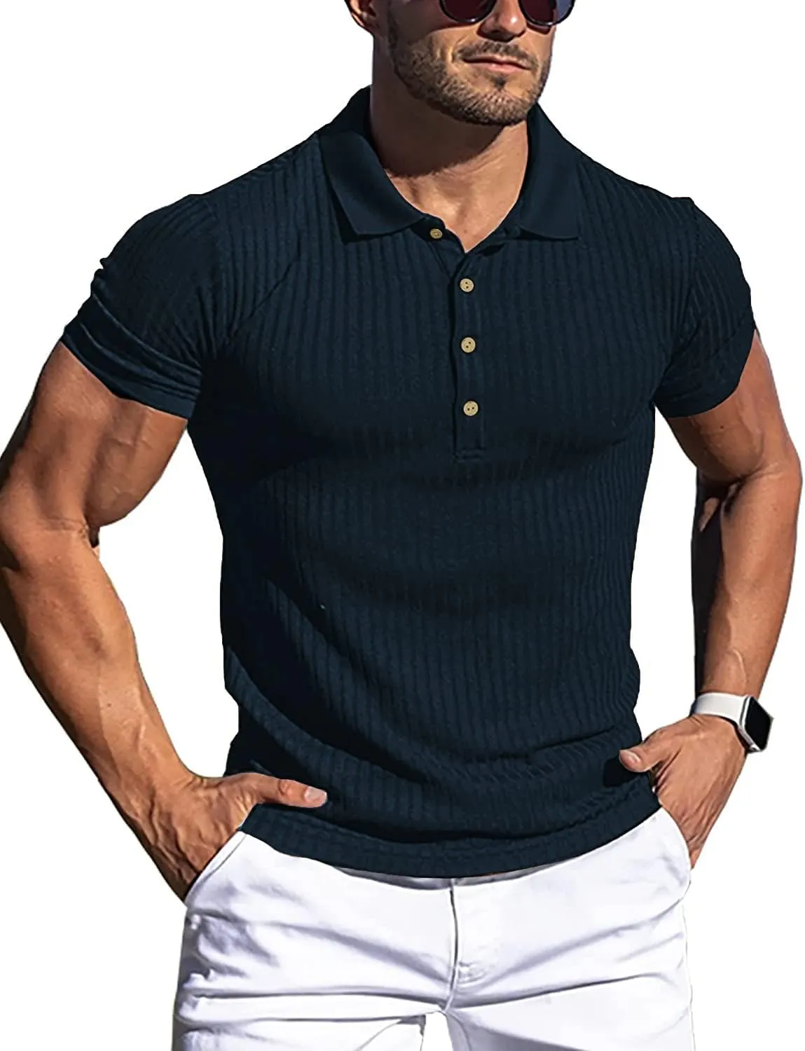 LOGEEYAR Men's Slim Fit Muscle Polo Shirts - Short Sleeve Ribbed Stylish Tees for Casual Everyday Wear