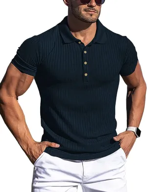 LOGEEYAR Men's Slim Fit Muscle Polo Shirts - Short Sleeve Ribbed Stylish Tees for Casual Everyday Wear