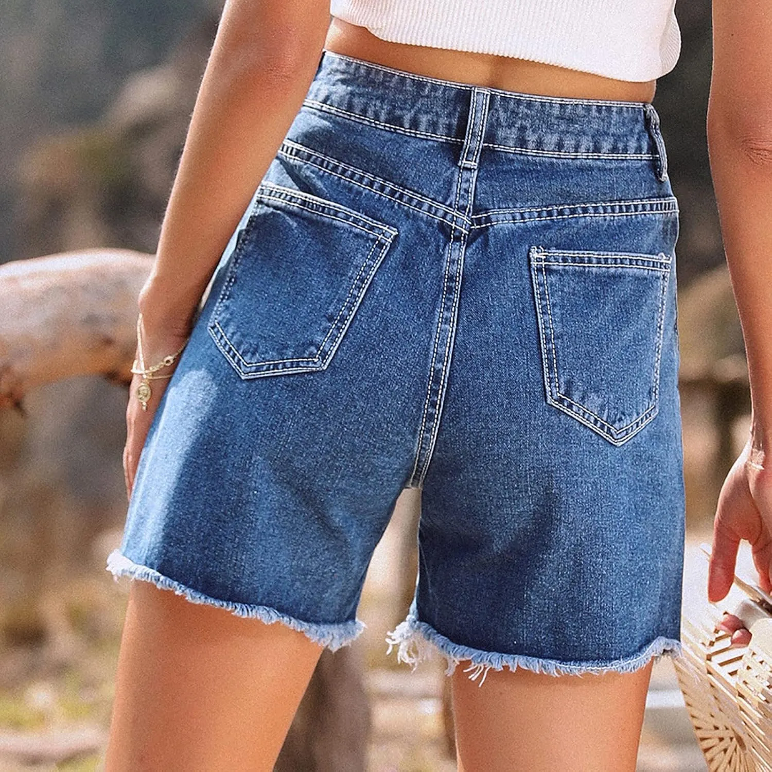 Long Denim Shorts for Women High Waist Casual Raw Hem Jean Shorts Wide Leg Straight Leg Summer Short Pants