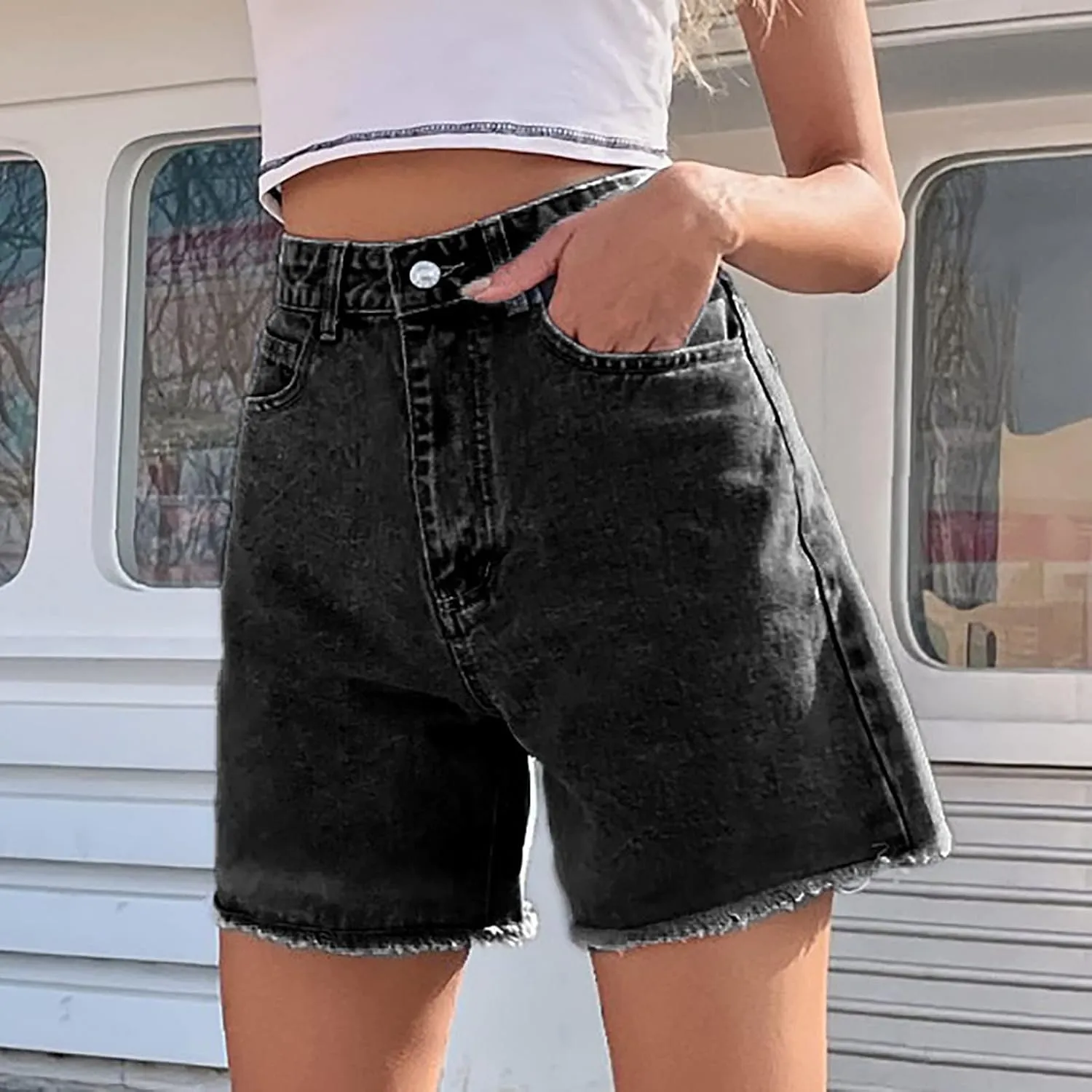 Long Denim Shorts for Women High Waist Casual Raw Hem Jean Shorts Wide Leg Straight Leg Summer Short Pants