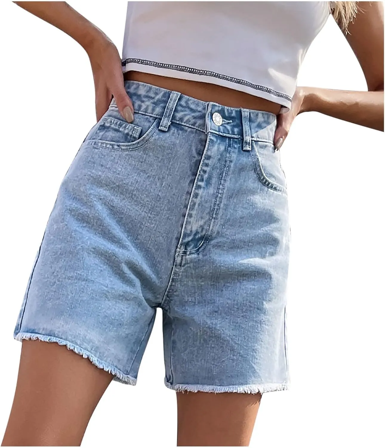 Long Denim Shorts for Women High Waist Casual Raw Hem Jean Shorts Wide Leg Straight Leg Summer Short Pants