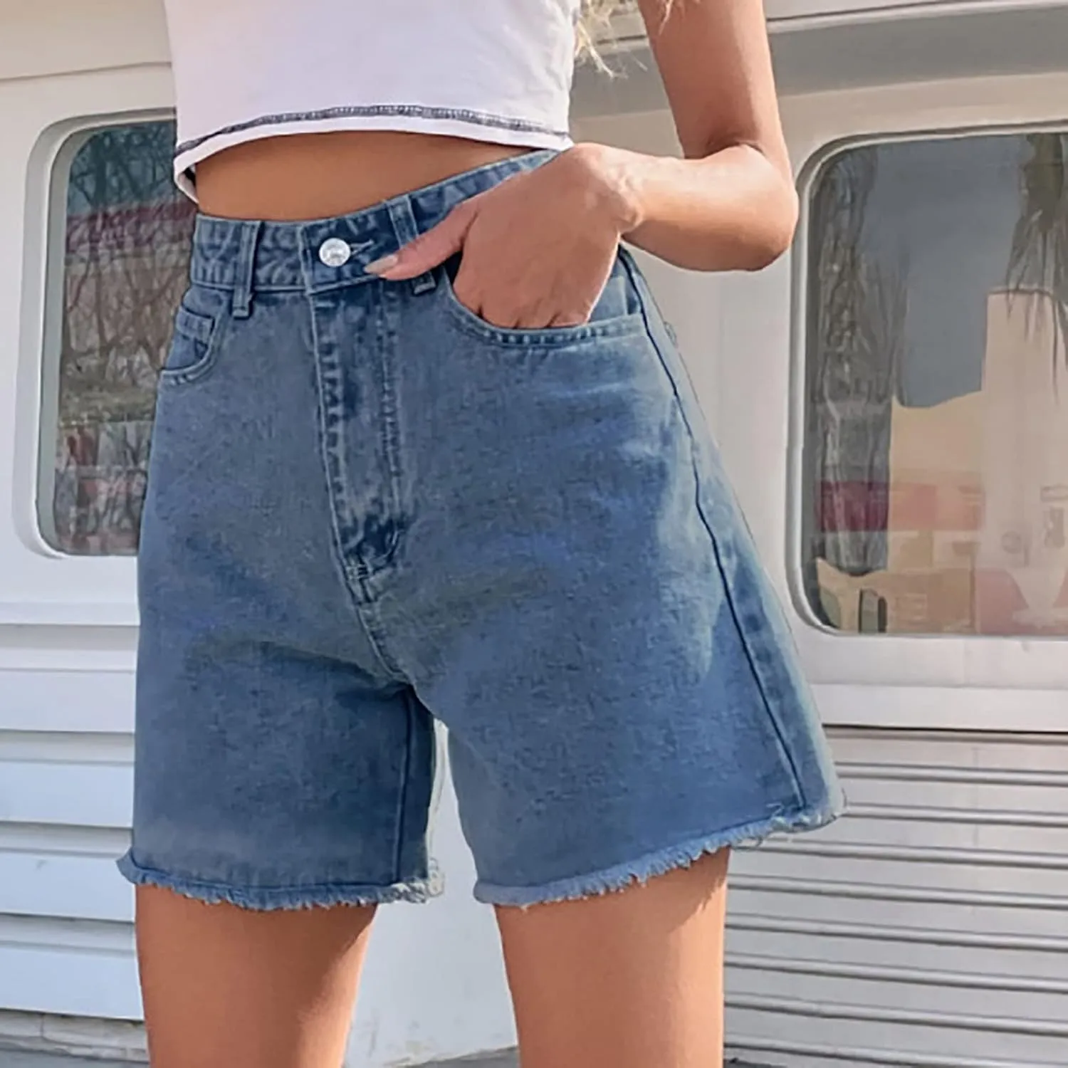 Long Denim Shorts for Women High Waist Casual Raw Hem Jean Shorts Wide Leg Straight Leg Summer Short Pants