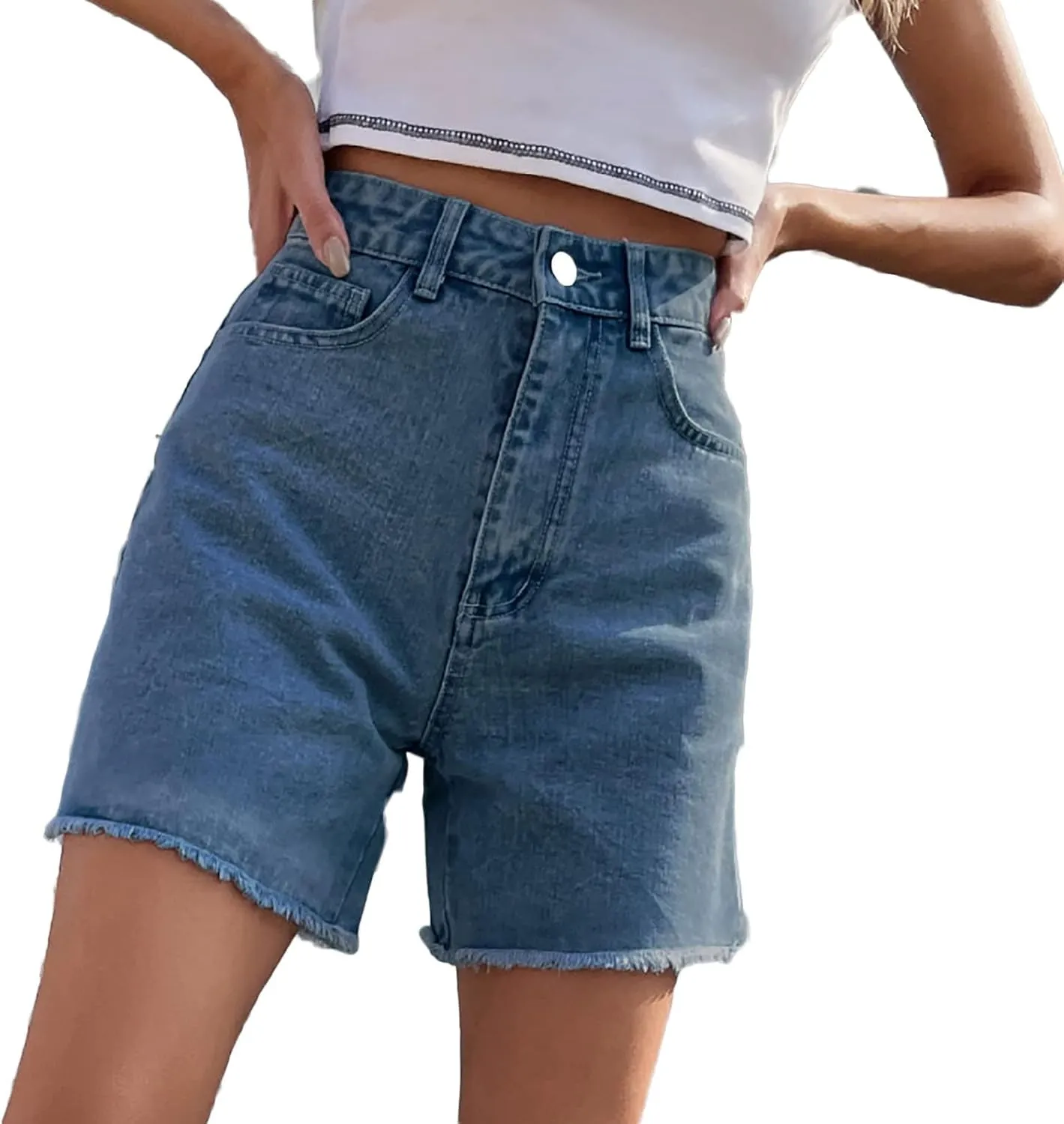Long Denim Shorts for Women High Waist Casual Raw Hem Jean Shorts Wide Leg Straight Leg Summer Short Pants