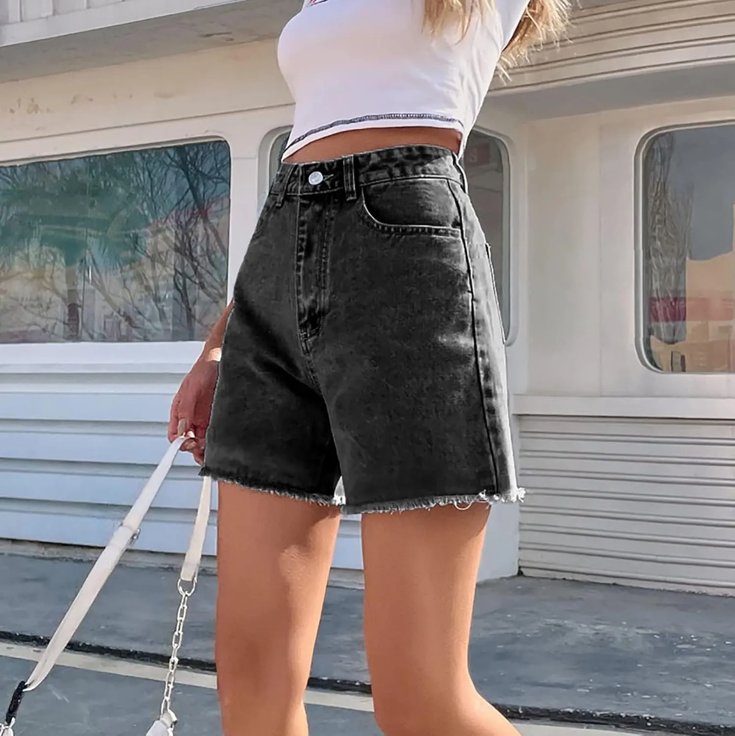 Long Denim Shorts for Women High Waist Casual Raw Hem Jean Shorts Wide Leg Straight Leg Summer Short Pants