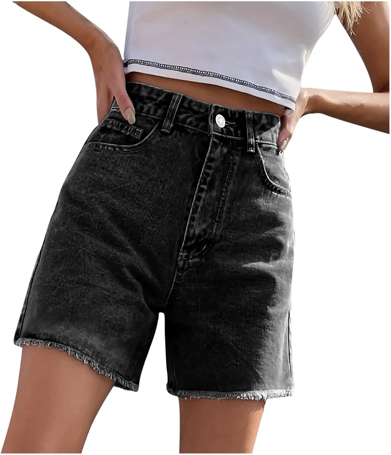 Long Denim Shorts for Women High Waist Casual Raw Hem Jean Shorts Wide Leg Straight Leg Summer Short Pants