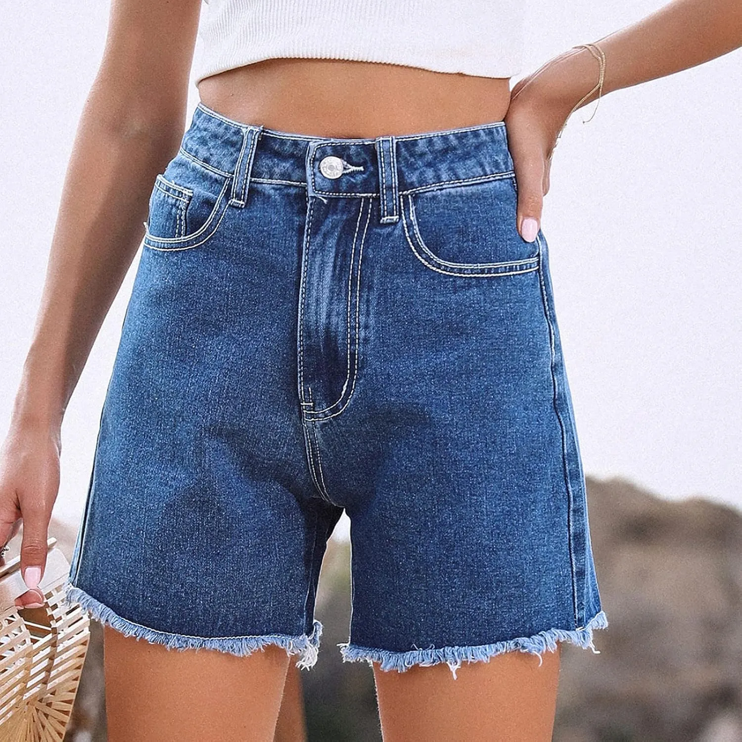 Long Denim Shorts for Women High Waist Casual Raw Hem Jean Shorts Wide Leg Straight Leg Summer Short Pants