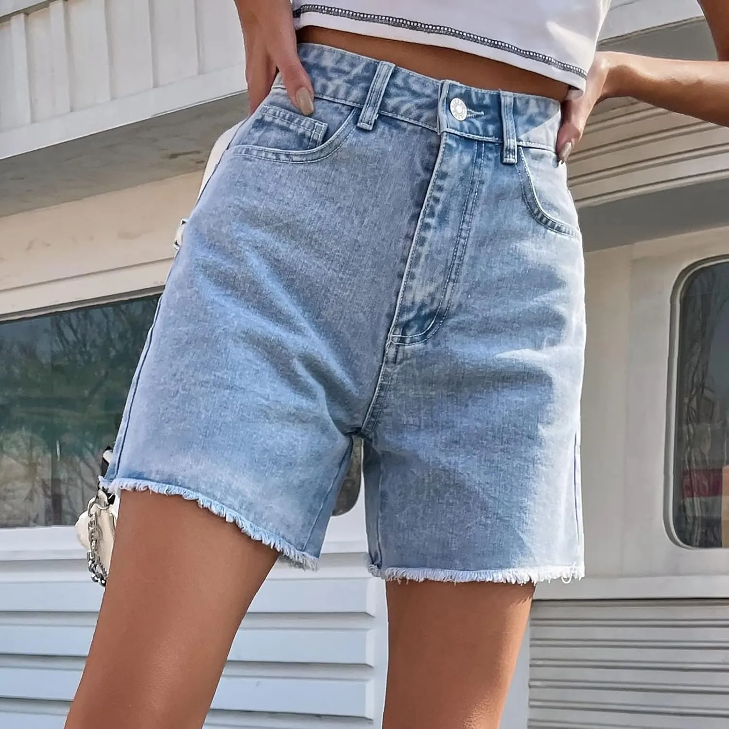 Long Denim Shorts for Women High Waist Casual Raw Hem Jean Shorts Wide Leg Straight Leg Summer Short Pants