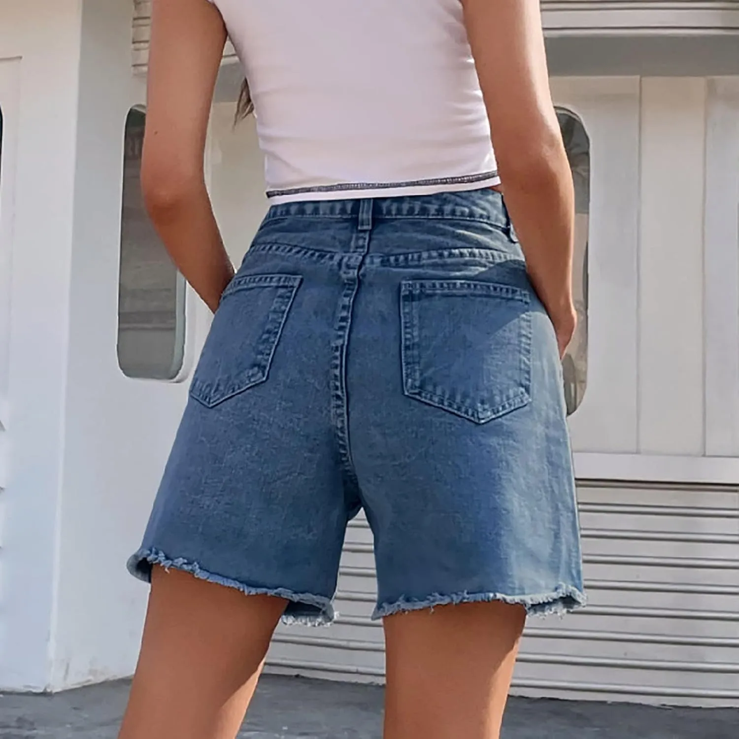 Long Denim Shorts for Women High Waist Casual Raw Hem Jean Shorts Wide Leg Straight Leg Summer Short Pants