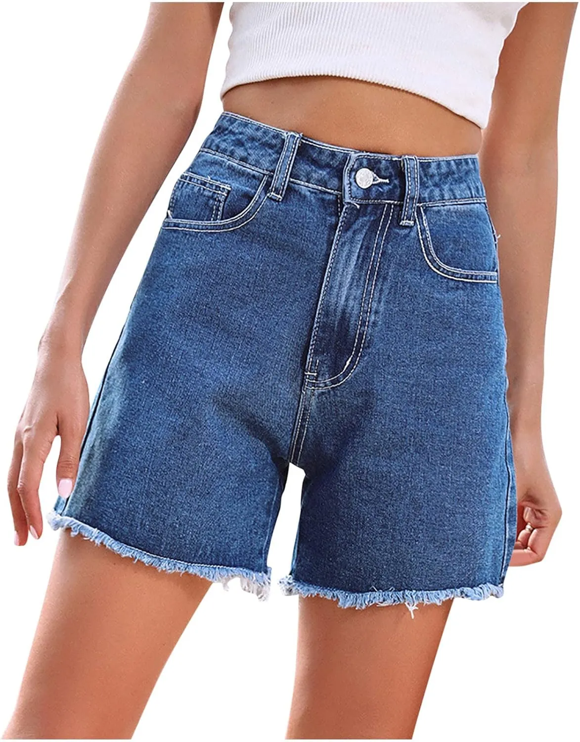 Long Denim Shorts for Women High Waist Casual Raw Hem Jean Shorts Wide Leg Straight Leg Summer Short Pants