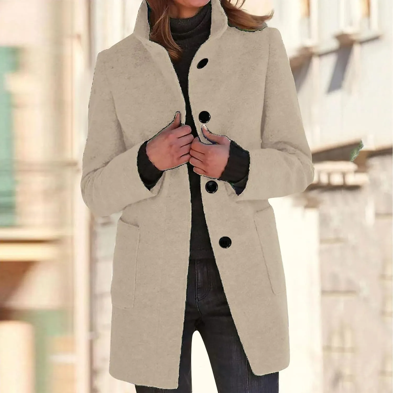 Long Pea Coats for Women Winter Stand Collar Single Breasted Wool Trench Coats Wool Blend Peacoat Thicken Blazer Jacket