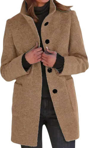 Long Pea Coats for Women Winter Stand Collar Single Breasted Wool Trench Coats Wool Blend Peacoat Thicken Blazer Jacket