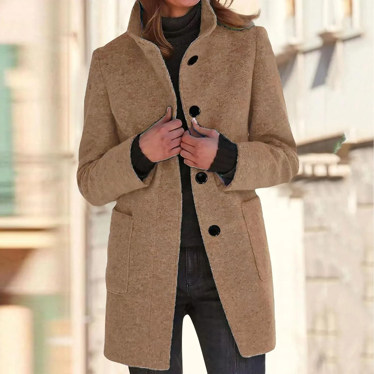 Long Pea Coats for Women Winter Stand Collar Single Breasted Wool Trench Coats Wool Blend Peacoat Thicken Blazer Jacket