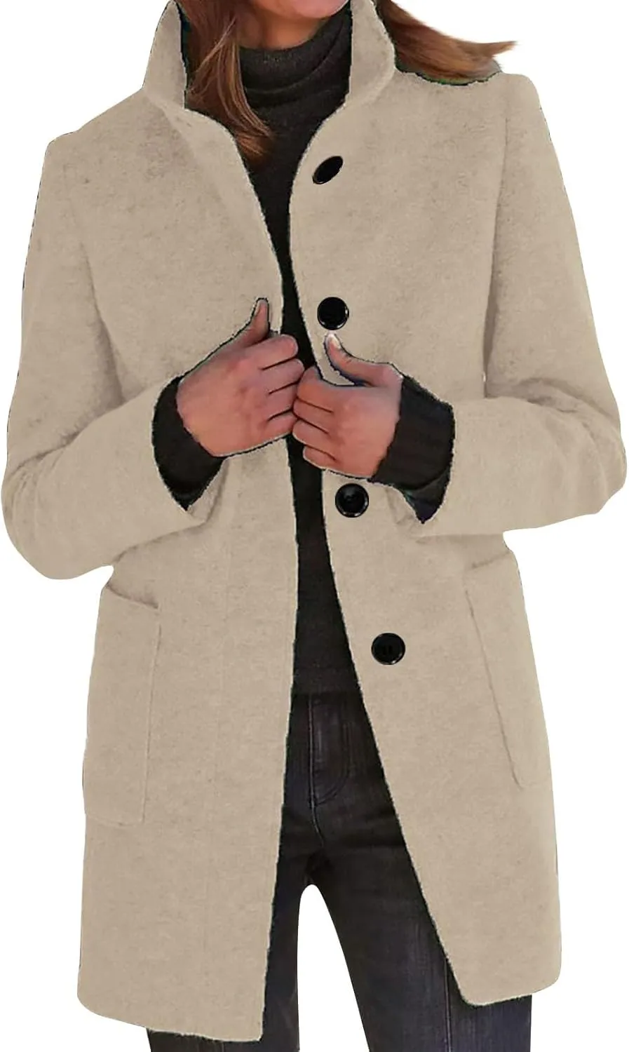 Long Pea Coats for Women Winter Stand Collar Single Breasted Wool Trench Coats Wool Blend Peacoat Thicken Blazer Jacket