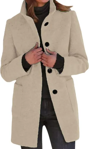 Long Pea Coats for Women Winter Stand Collar Single Breasted Wool Trench Coats Wool Blend Peacoat Thicken Blazer Jacket