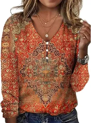 Long Sleeve Shirts for Women Dressy Casual Boho Floral Printed Tunic Tops V Neck Button Up Top 2024