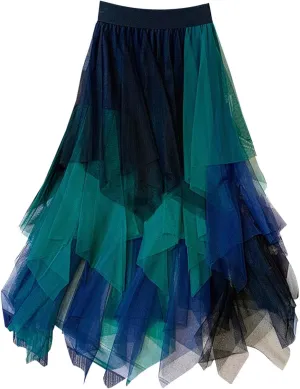 Long Tulle Skirt High Waist Loose A Line For Women Boho Flare/Irregular Flowy Elegant For Parties/Everyday Wear Summer
