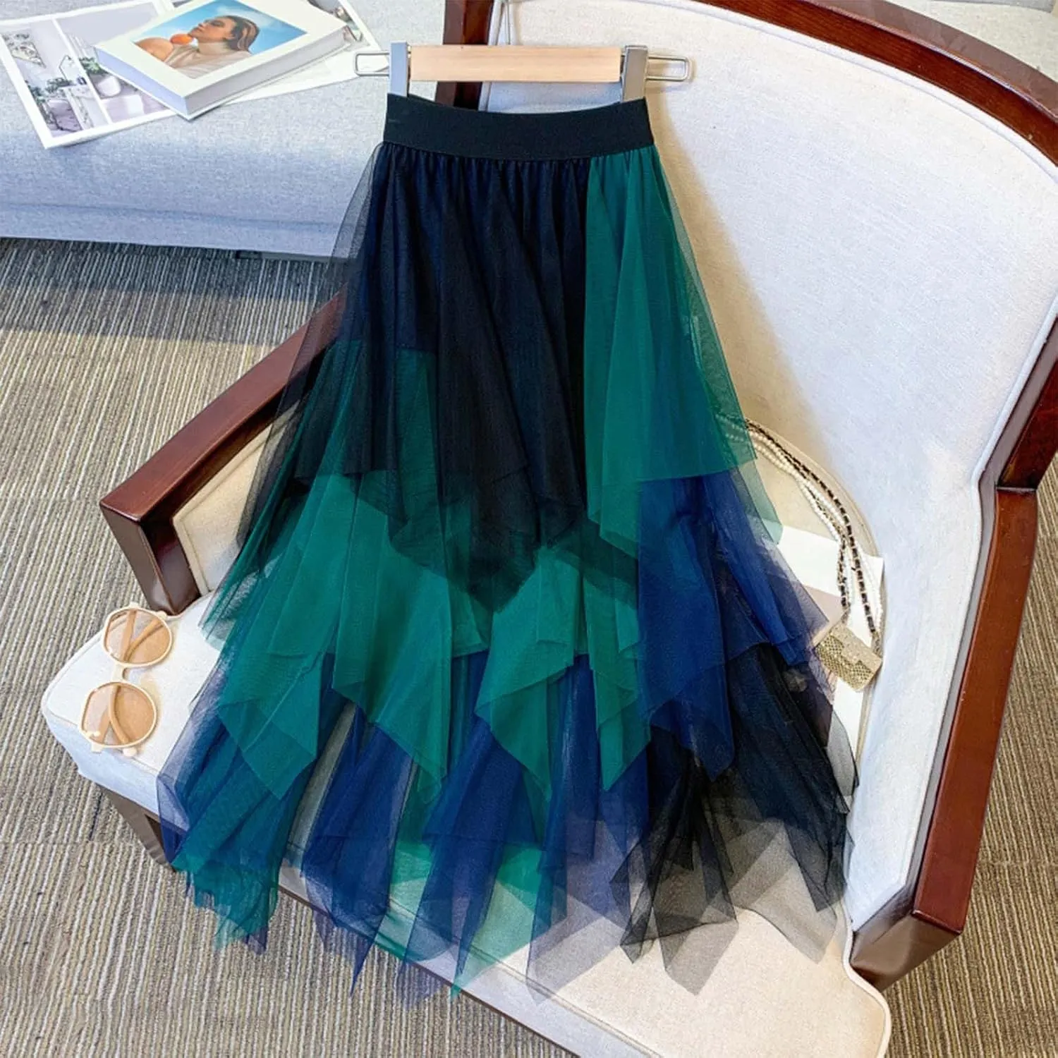 Long Tulle Skirt High Waist Loose A Line For Women Boho Flare/Irregular Flowy Elegant For Parties/Everyday Wear Summer
