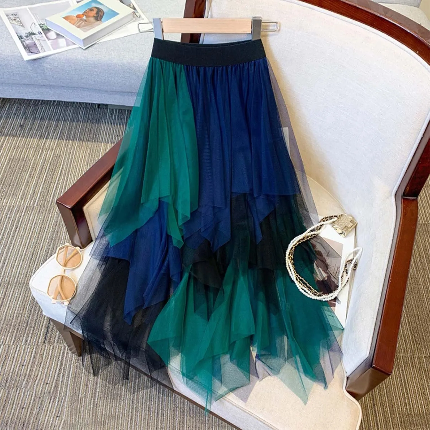 Long Tulle Skirt High Waist Loose A Line For Women Boho Flare/Irregular Flowy Elegant For Parties/Everyday Wear Summer