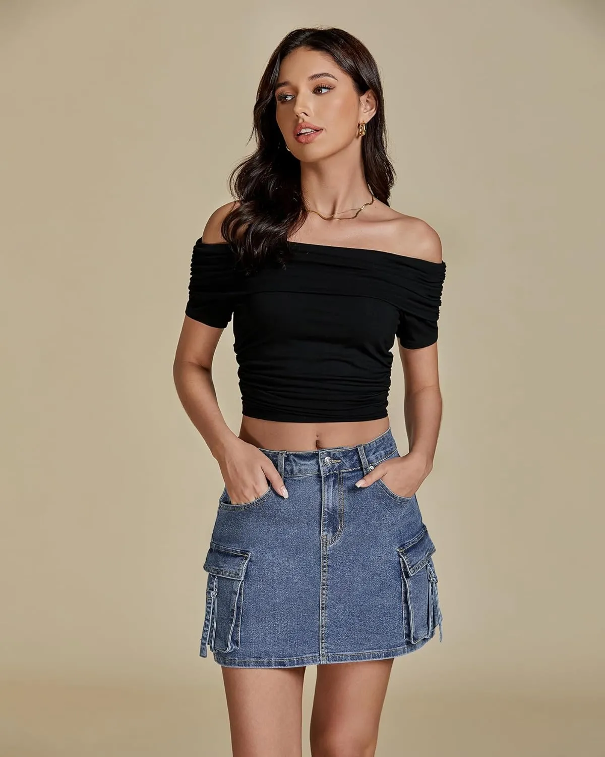 luvamia Jean Skirts for Women Denim Stretchy Cargo High Waisted Trendy Y2K Mini Skirt with Utility Pockets
