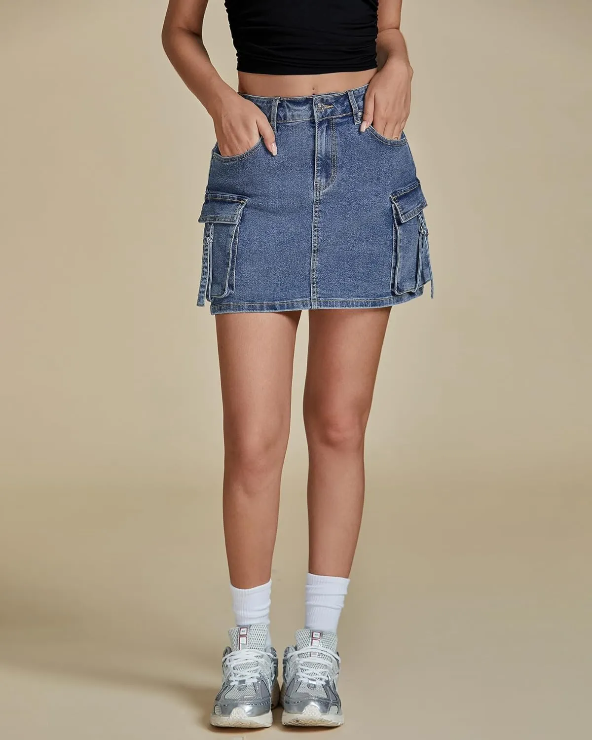 luvamia Jean Skirts for Women Denim Stretchy Cargo High Waisted Trendy Y2K Mini Skirt with Utility Pockets