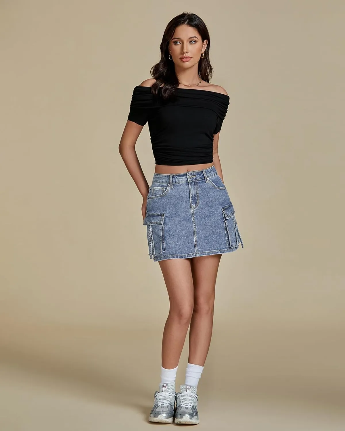 luvamia Jean Skirts for Women Denim Stretchy Cargo High Waisted Trendy Y2K Mini Skirt with Utility Pockets
