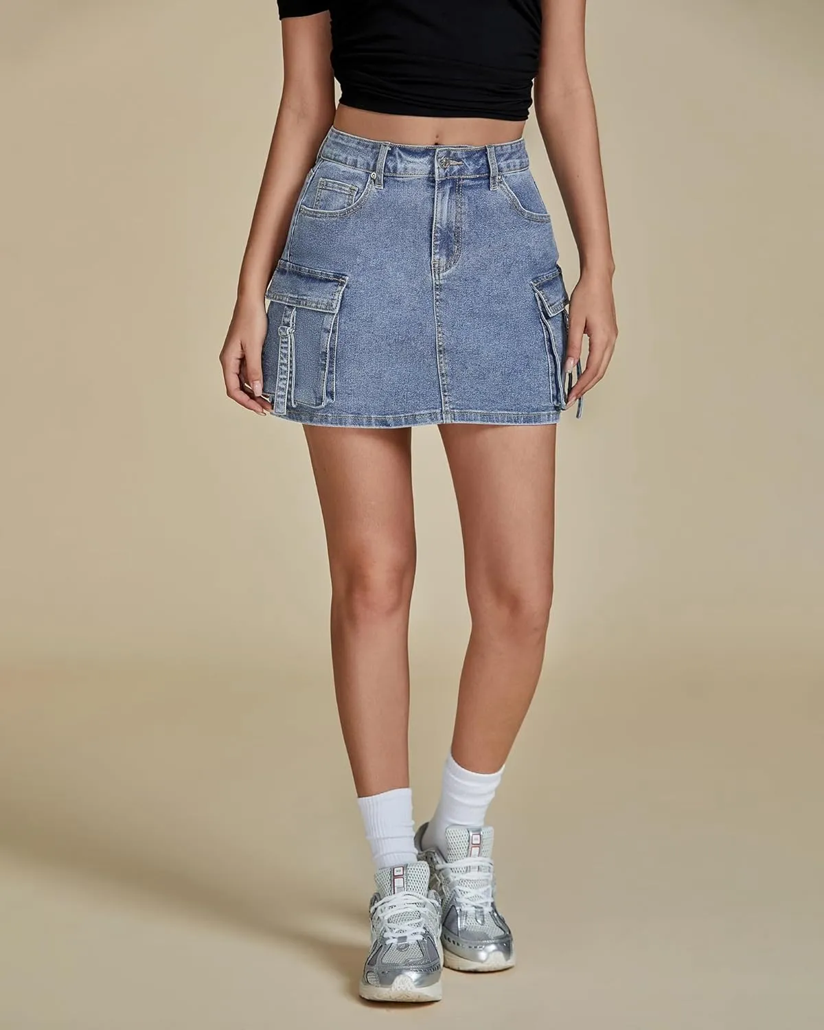 luvamia Jean Skirts for Women Denim Stretchy Cargo High Waisted Trendy Y2K Mini Skirt with Utility Pockets