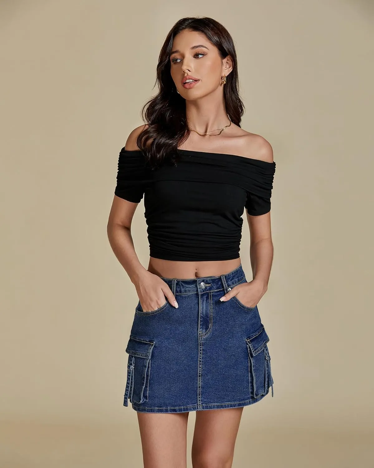 luvamia Jean Skirts for Women Denim Stretchy Cargo High Waisted Trendy Y2K Mini Skirt with Utility Pockets
