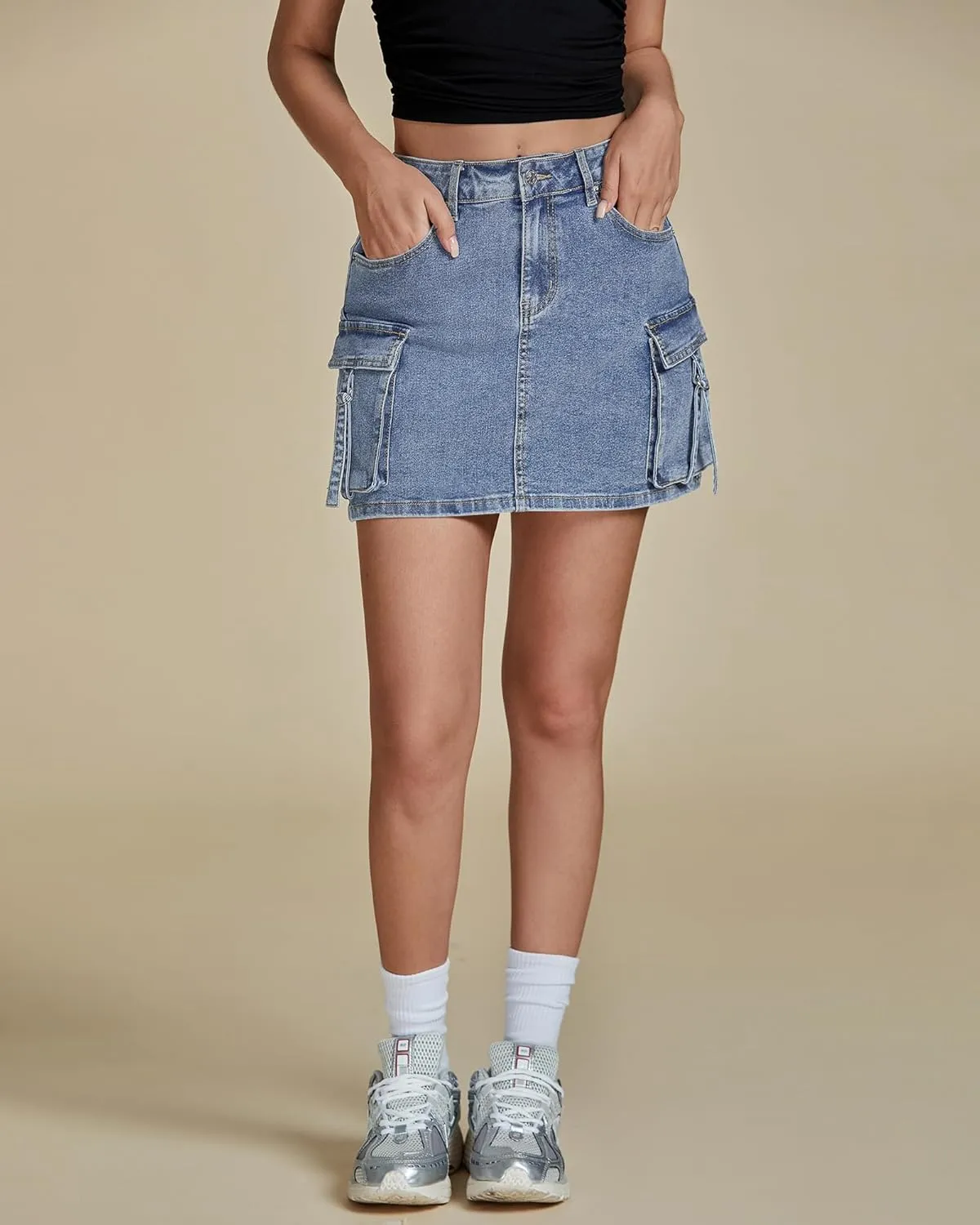 luvamia Jean Skirts for Women Denim Stretchy Cargo High Waisted Trendy Y2K Mini Skirt with Utility Pockets